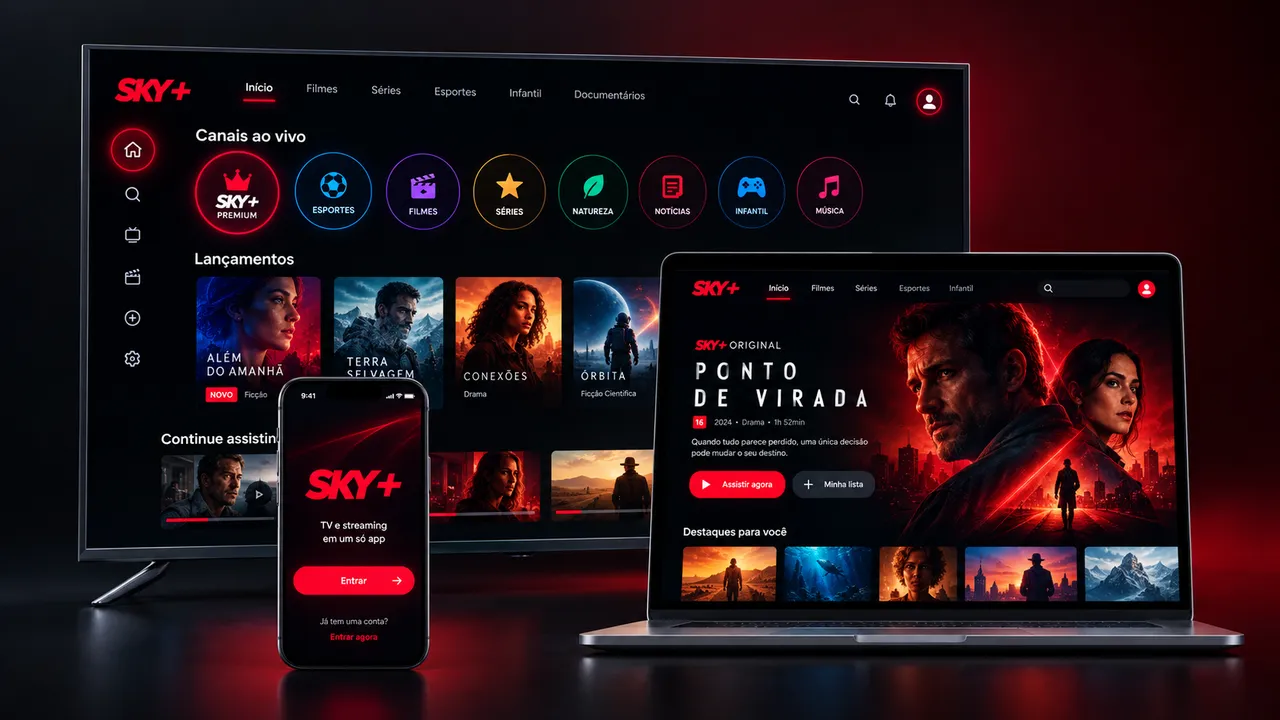 App SKY+ aberto na TV, no notebook e no celular, com canais ao vivo, filmes e séries.